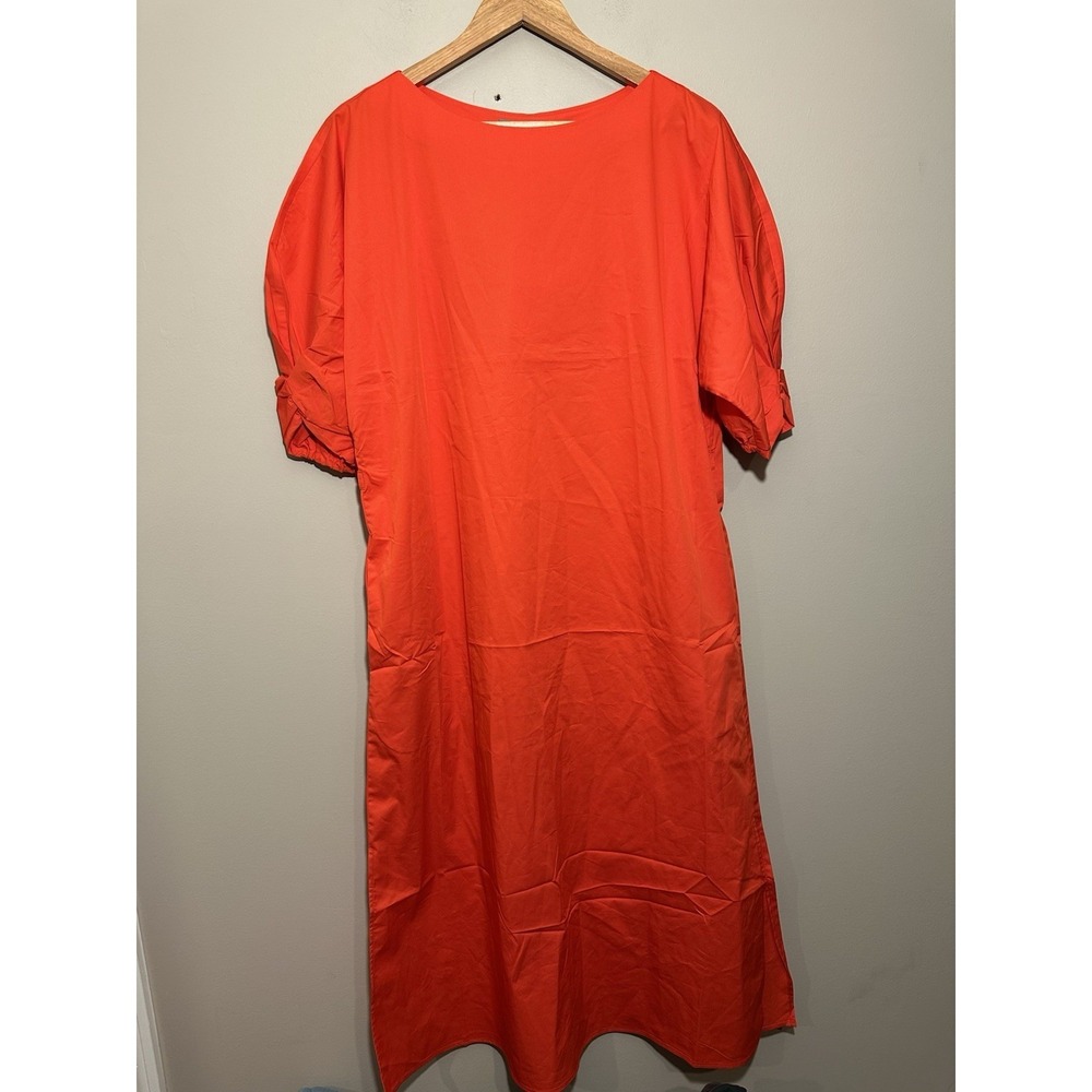 Sans & Sans Belted Midi Dress Womens Medium Slit Scrunch Sleeve Pockets Red NWOT - Picture 2 of 5